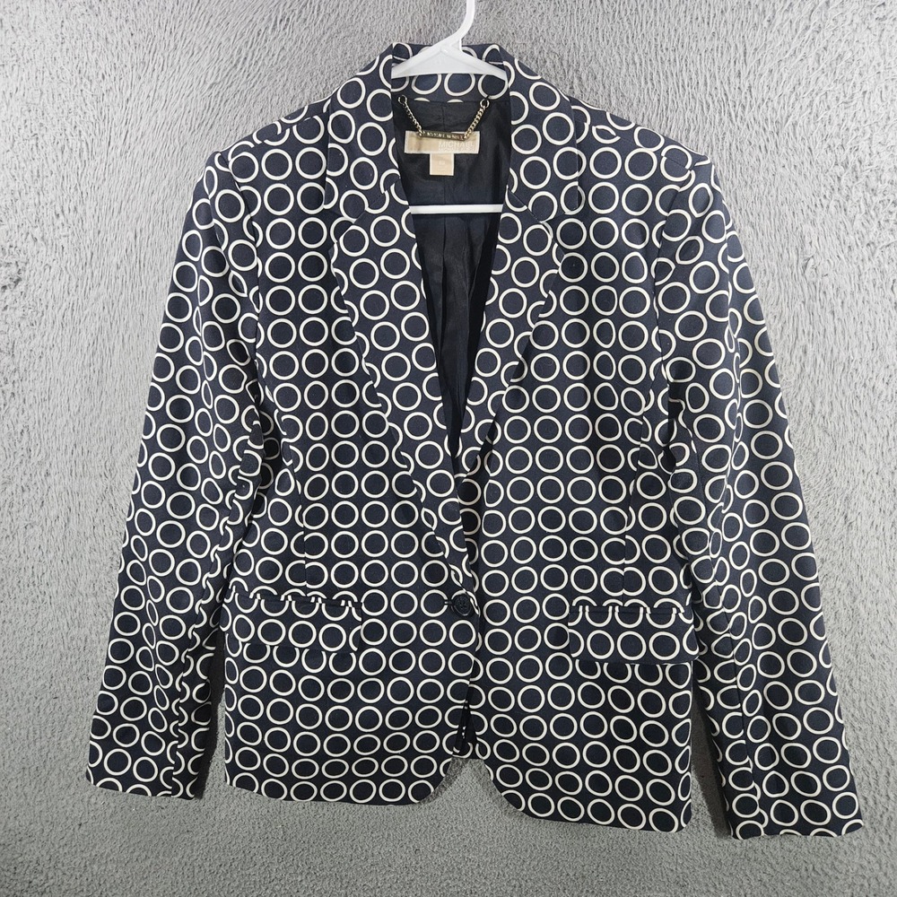 Michael Kors Womens Navy White Circle Print One Button Blazer Jacket Size 10